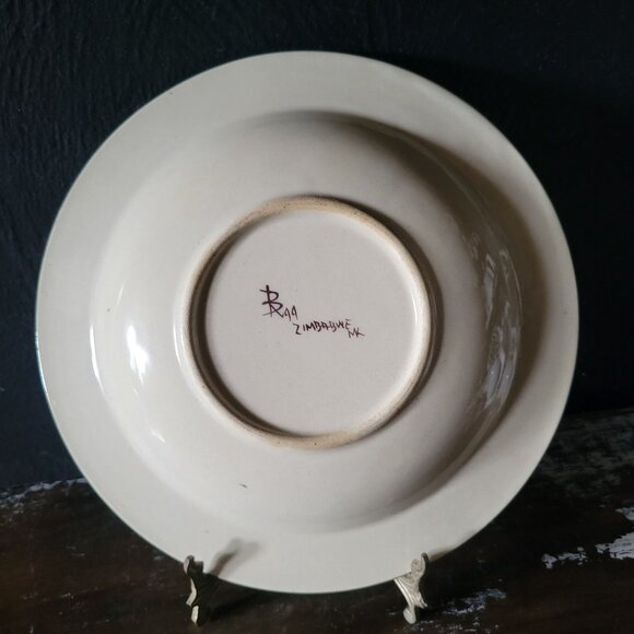 Vtg Handcrafted Zimbabwe Pottery Bowl Green Trim & Brown Monkey Design, Signed - Picture 5 of 6